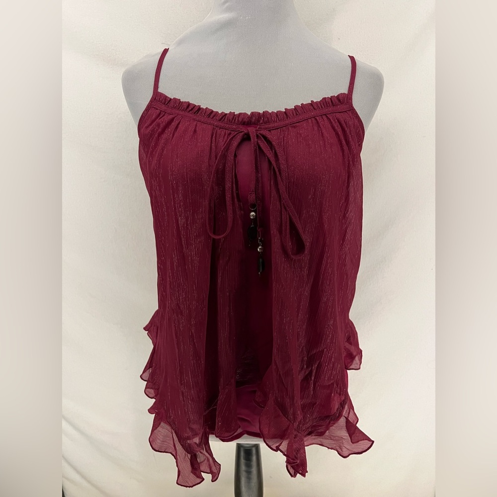 NWT Doe & Rae Purple Chiffon Layered Tie Front Ruffle Hem Camisole Top Size S